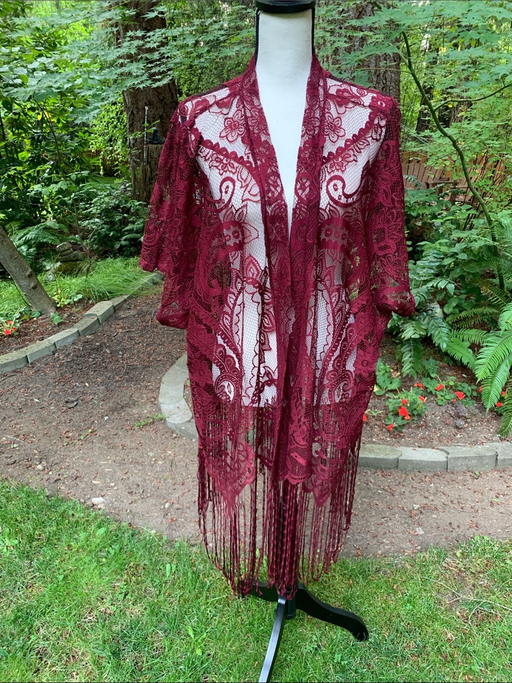 Burgundy Lace Sheer  Fringe Kimono